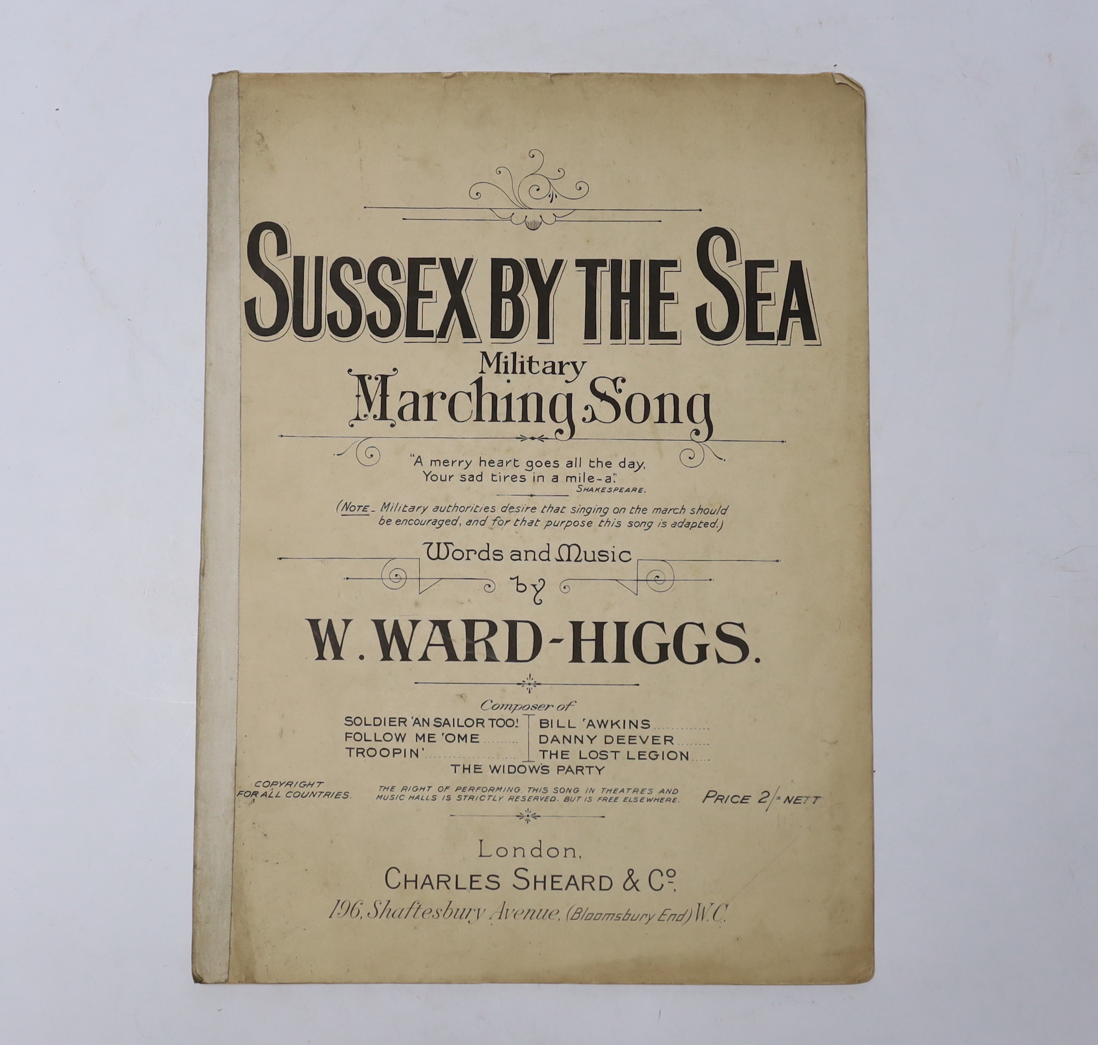 William Ward-Higgs, original sheet music to the County anthem of Sussex 'Sussex by the Sea', 1907. As sung by Brighton & Hove Albion football fans today & possibly marched to by the Albion team at the start of WW1